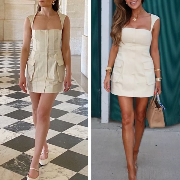 ashleigh stretch cotton cargo mini dress in khaki beige l'academie | Dresses Style:EE01999BK